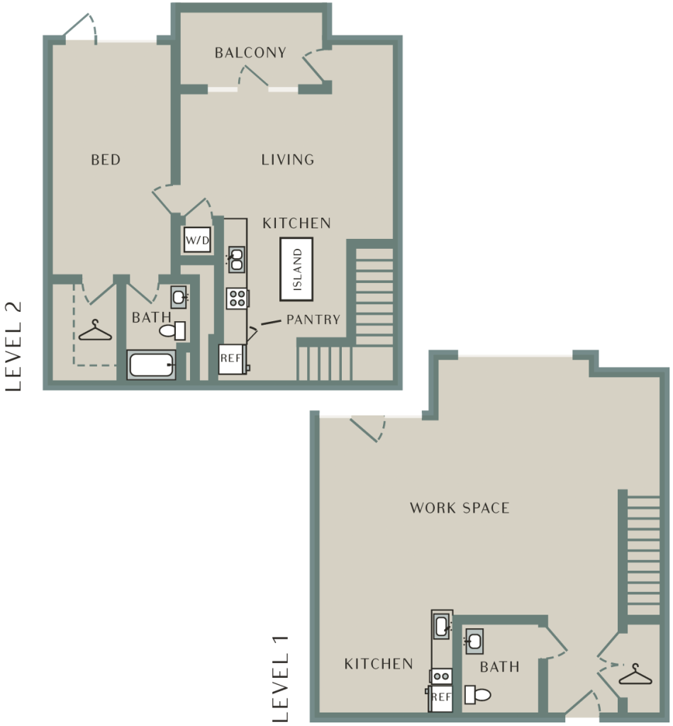 A 3D image of the Live Work 1 floorplan, a 1958 squarefoot, 1 bed / 1 bath unit