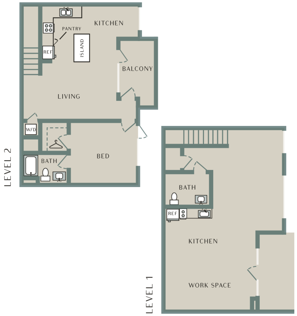 A 3D image of the Live Work 4 floorplan, a 1825 squarefoot, 1 bed / 1 bath unit