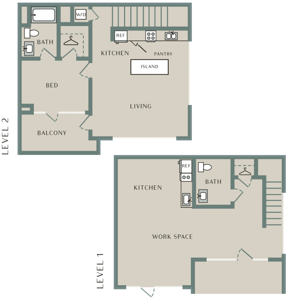 A 3D image of the Live Work 5 floorplan, a 1825 squarefoot, 1 bed / 1 bath unit