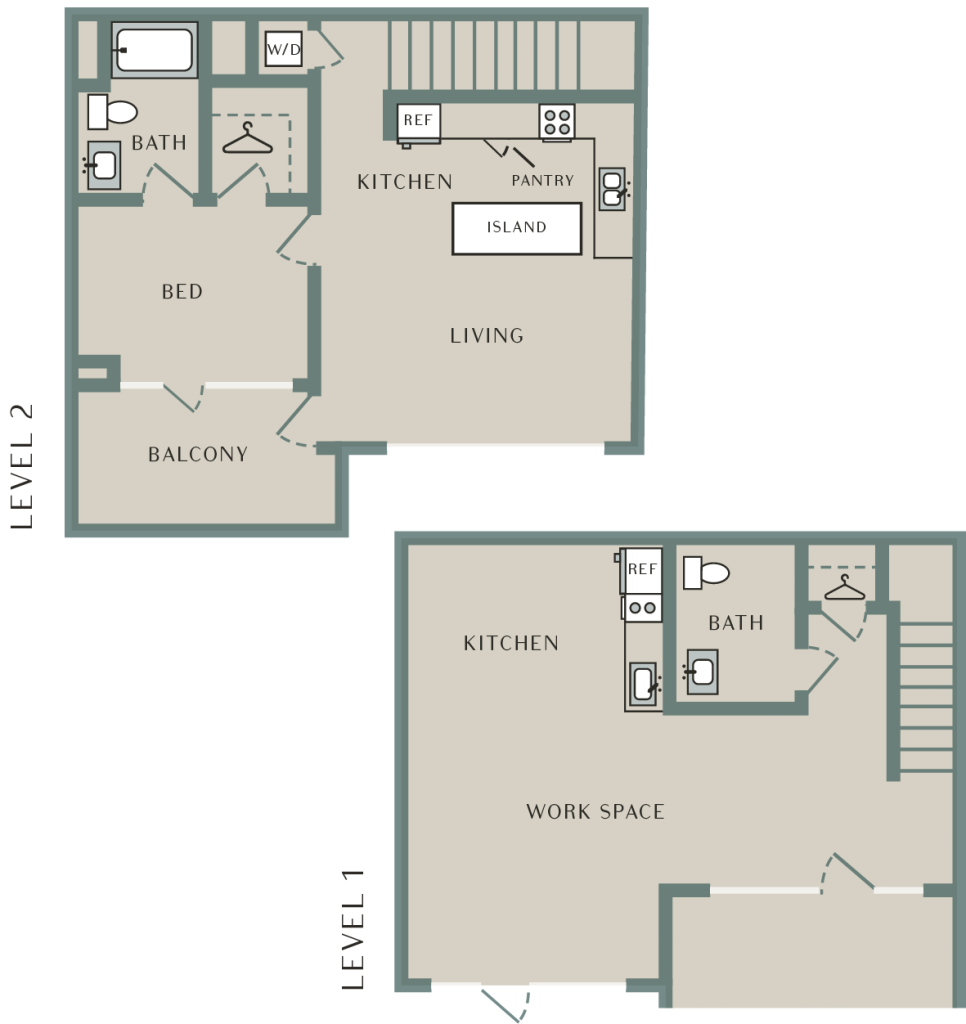 A 3D image of the Live Work 6 floorplan, a 1454 squarefoot, 1 bed / 1 bath unit