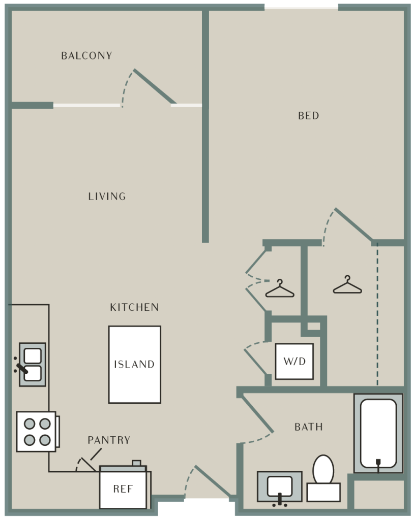 A 3D image of the Cedar floorplan, a 785 squarefoot, 1 bed / 1 bath unit