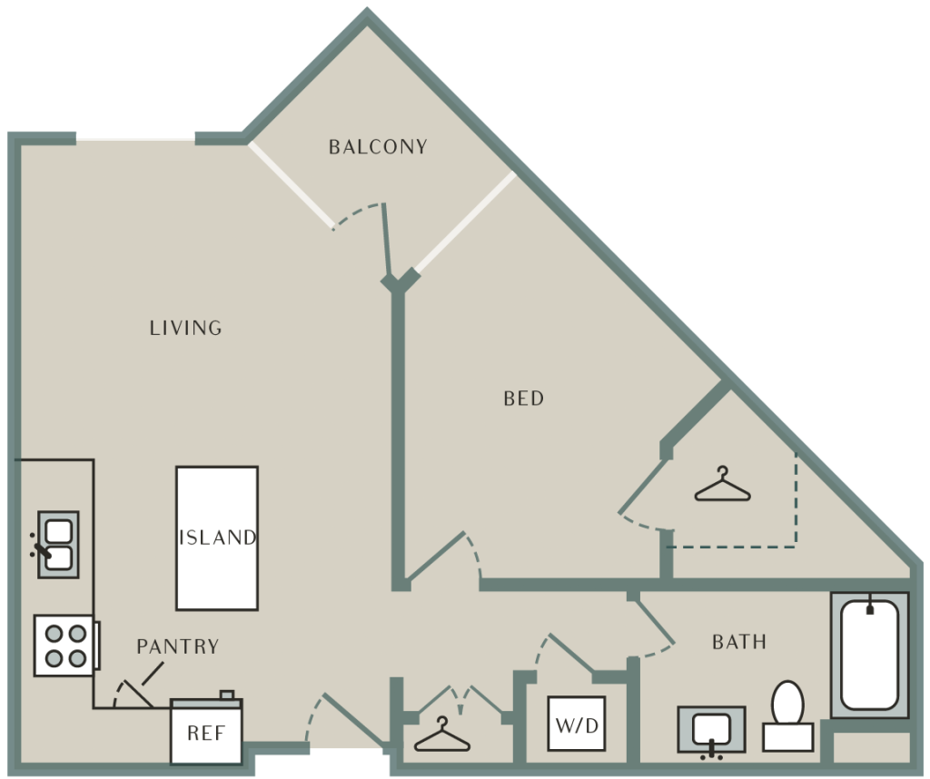 A 3D image of the Birch floorplan, a 796 squarefoot, 1 bed / 1 bath unit