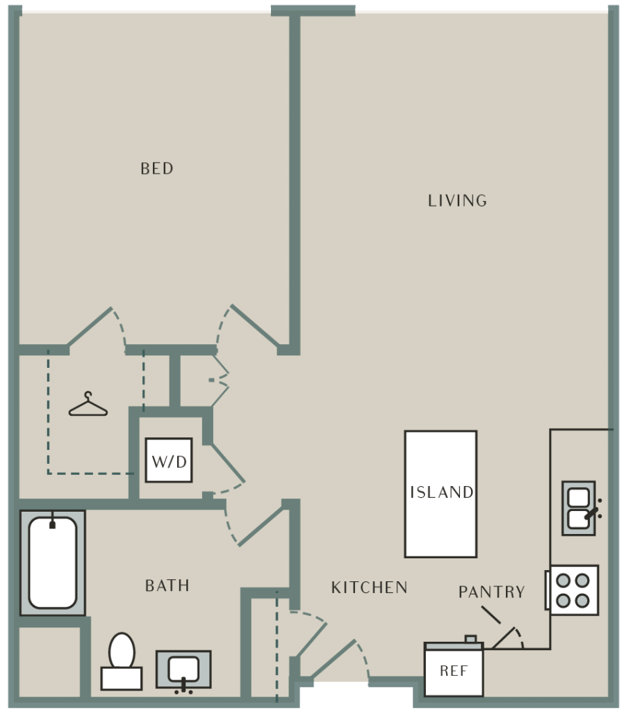 A 3D image of the Bamboo floorplan, a 970 squarefoot, 1 bed / 1 bath unit