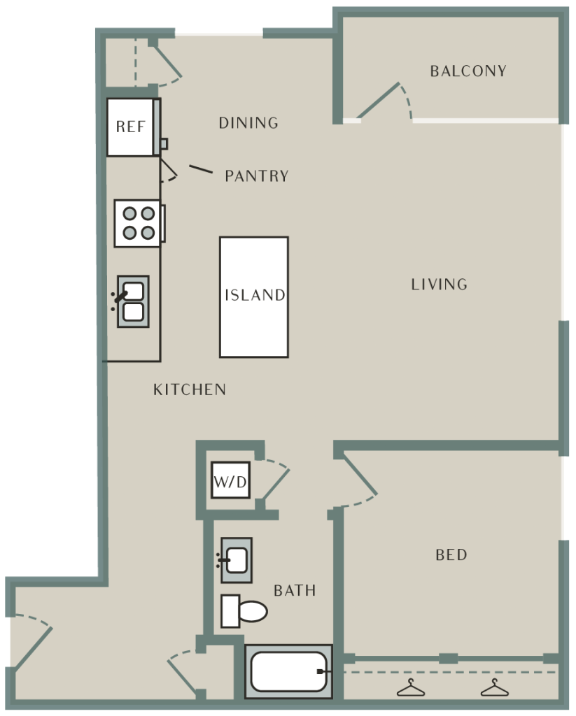 A 3D image of the Bergamot floorplan, a 960 squarefoot, 1 bed / 1 bath unit