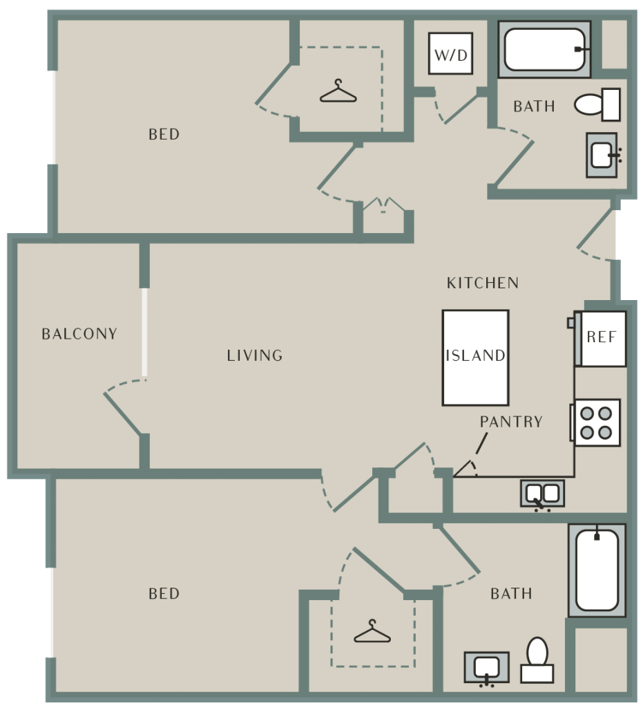 A 3D image of the Santal floorplan, a 1115 squarefoot, 2 bed / 2 bath unit