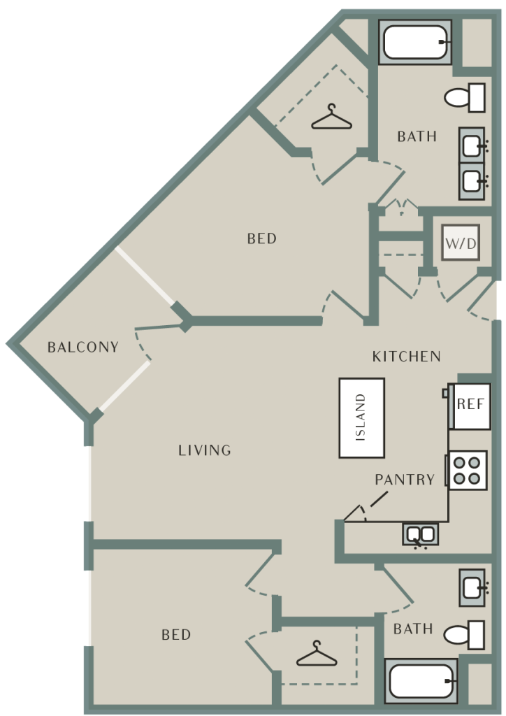 A 3D image of the Oud floorplan, a 1030 squarefoot, 2 bed / 2 bath unit