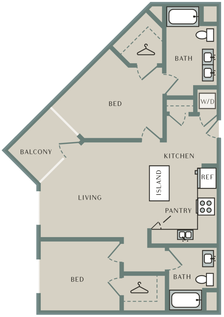 A 3D image of the Sage floorplan, a 1030 squarefoot, 2 bed / 2 bath unit