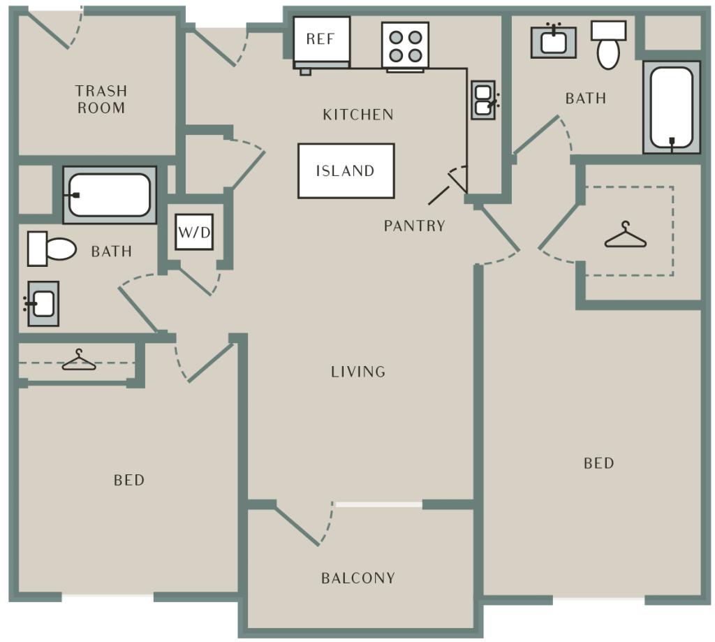 A 3D image of the Palo Santo floorplan, a 1016 squarefoot, 2 bed / 2 bath unit