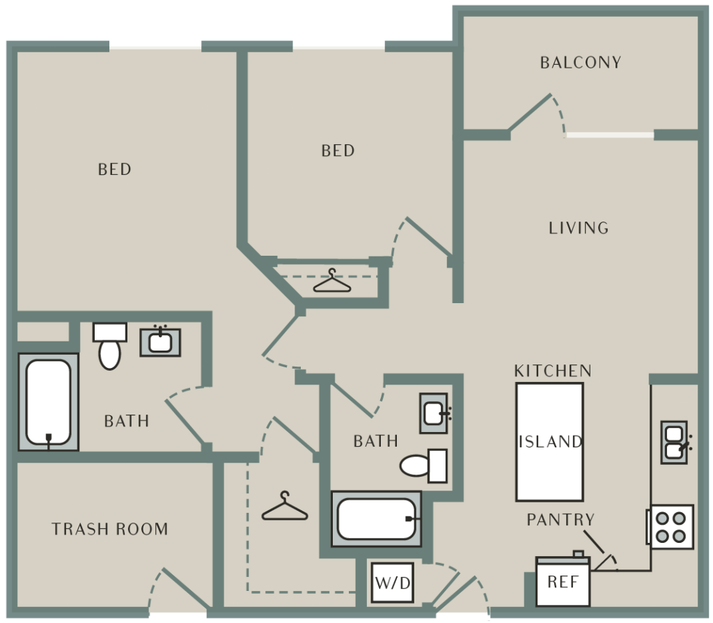 A 3D image of the Sandalwood floorplan, a 1030 squarefoot, 2 bed / 2 bath unit