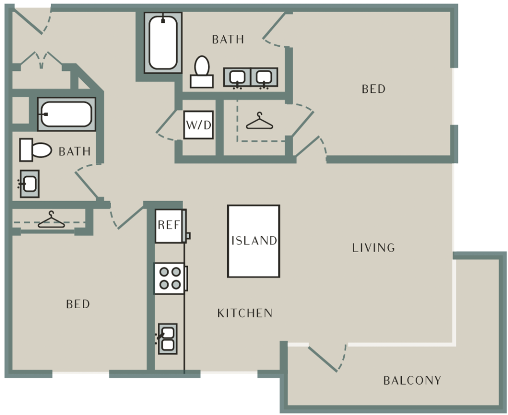 A 3D image of the Teak floorplan, a 1147 squarefoot, 2 bed / 2 bath unit