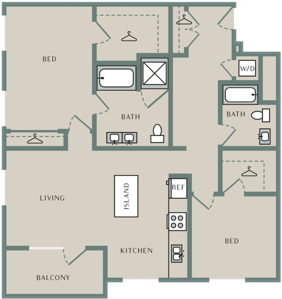 A 3D image of the Vetiver floorplan, a 1356 squarefoot, 2 bed / 2 bath unit