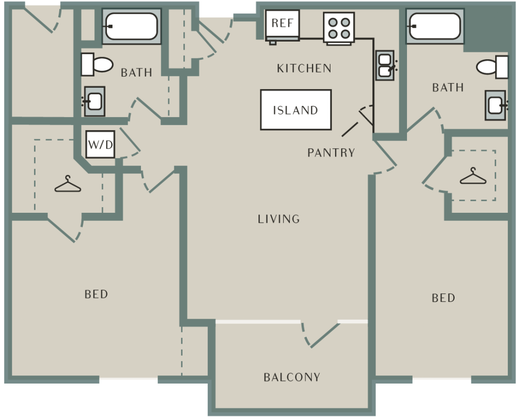 A 3D image of the Willow floorplan, a 1260 squarefoot, 2 bed / 2 bath unit