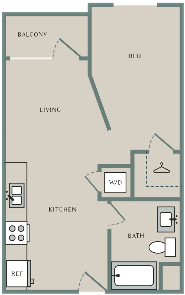 A 3D image of the Ash floorplan, a 608 squarefoot, 0 bed / 1 bath unit
