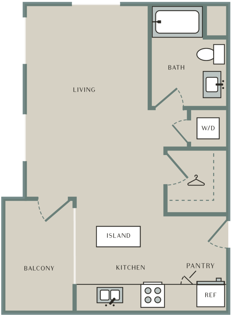 A 3D image of the Aspen floorplan, a 630 squarefoot, 0 bed / 1 bath unit